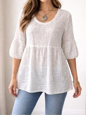 Tianello White Textured Cotton Embroidered Boho Tunic Top Small